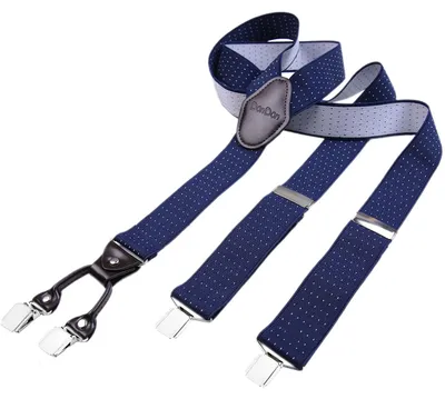 Produktbild von DonDon Herren Hosenträger 3,5 cm breit 4 Clips mit braunem Leder in Y-Form elastisch und längenverstellbar - dunkelblau weiß gepunktet
