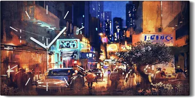 Produktbild von Wandbild Leinwand Bilder Wanduhr 60x30 Bild Stadt Straße Gebäude Baum Nacht - weiße Hände