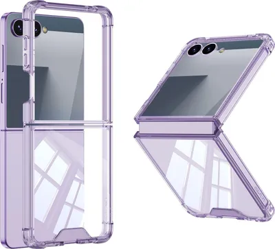 Two views of a transparent purple phone case for a foldable phone, shown against a white background.