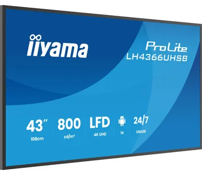 Zdjęcie produktu dla iiyama LH4366UHSB-B1AG, Płaski panel Digital Signage, 109,2 cm (43"), LCD, 3840 x 2160 px, Wi-Fi, 24/7