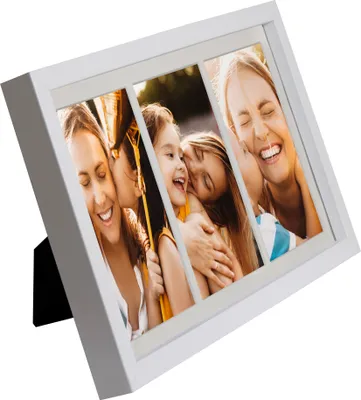 A white multi-photo frame displaying three happy photos of a mother and her children.