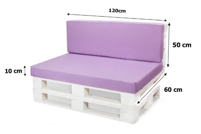 A white pallet sofa with purple cushions, shown with dimensions indicated by measurement lines and text.