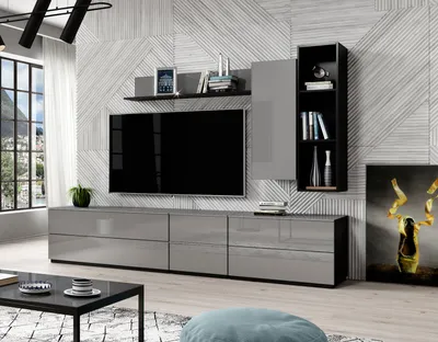 Produktbild von Wohnwand "Helio" Mediawand 6-teilig schwarz grau Glas
