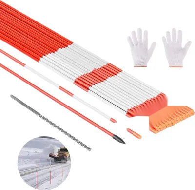 A collection of reflective snow stakes, gloves, and a drill bit, laid out on a white background.