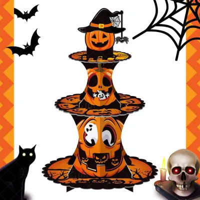 Produktbild von Dreistöckiger Halloween-Kürbis-Cupcake- und Tortenträger aus Pappe für Halloween-Geburtstagsfeierbedarf