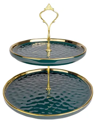 Produktbild von Intirilife Etagere Rund 2 Etagen Porzellan 25.5 cm x 25.5 cm -grün/gold- Cupcake Tortenständer - Gebäckständer - Serviertablet für Dessert, Muffin, Obst, Käse