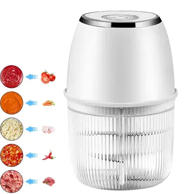 Produktbild von Elektrischer Zerkleinerer 350 ml,Knoblauch- & Fleischhacker mit 6-Klingen-System, USB wiederaufladbar, Glasbehälter, 1200 mAh Akku – Weiß