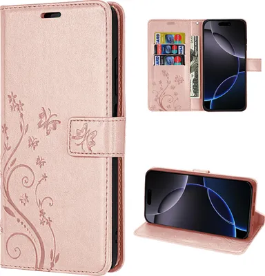 Produktbild von iPhone 16 Pro Handyhülle – Klapphülle Schutzhülle Tasche mit Magnetverschluss & Kartenfächern - Roségold