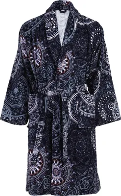 Productafbeelding van Padiro uni badjas - S - Blauw / Meerkleurig - Ornamentpatroon - Katoen - sjaalkraag - ceintuur - zakken
