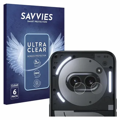 A product package for screen protectors is shown next to a close-up of a phone's camera module with screen protectors applied.
