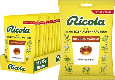 Produktbild von Ricola Original Kräuter, 18 Beutel Schweizer Kräuter-Bonbons mit 13 Schweizer Alpenkräutern & Menthol, zuckerfrei, Wohltuend gut, 18 x 75g, vegan