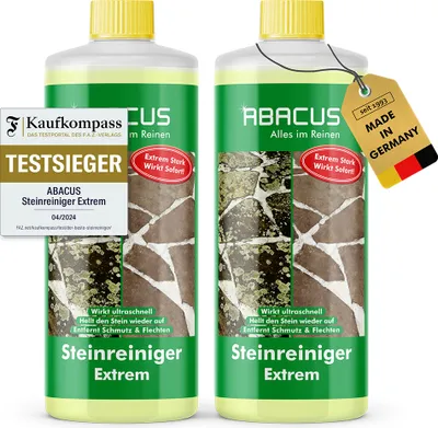 Produktbild von ABACUS® Steinreiniger Extrem, intensiver Steinreiniger für außen mit Sofortwirkung, entfernt sofort Schmutz, Grünbelag & Flechten auf Steinen 2x 1L