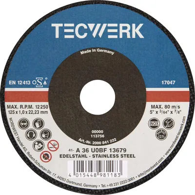 Image de Disque à tronçonner D125 x 1 mm, grain céramique, alésage 22,23 mm, TECWERK