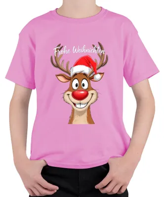 Produktbild von Frohe Weihnachten Rentier Rudolph Cartoon Lustig Weihnachtsmütze Kinder T-Shirt, Pink, 104