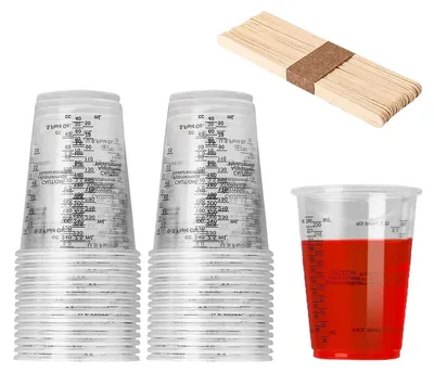 Immagine prodotto di Bicchiere graduato in resina epossidica, confezione da 30 pezzi, capacità 240 ml, in plastica PET trasparente, con bastoncini di legno