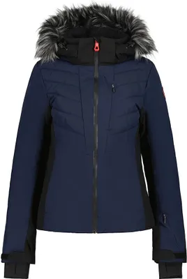 A blue ski jacket with a fur-lined hood.