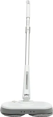 A white and gray electric mop is shown against a white background.