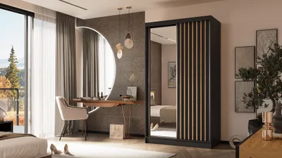 Produktbild von ALTDECOR Kleiderschrank mit Spiegel und Schiebetüren, kugelgelagerte Führungsschienen und Aluminium-Leisten - LAMELO - 120 cm - Schwarz/Schwarz/Artisan