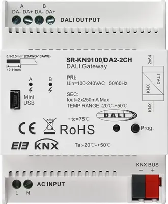 Produktbild von SR-KN9100-DA2 KNX DALI Gateway – 2-Kanal DALI Schnittstelle für KNX-Systeme, DT6 und DT8, HCL-fähig