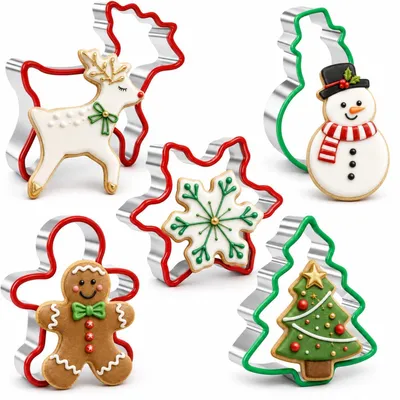Immagine prodotto di Set di stampi per biscotti a tema natalizio, 5 pezzi, in acciaio inossidabile con bordo in silicone, adatti per biscotti e decorazioni in fondant