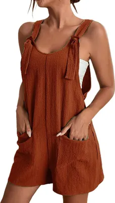 Image de ASKSA Jumpsuit Femme Eté sans manches Salopette courte Playsuit Baggy avec poches Short d'été, Marron, XL