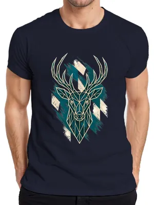 Productafbeelding van Hertshoorn, polygonale geometrische print, bos, natuur, leren broek, dirndl, heren T-shirt, marineblauw, maat L