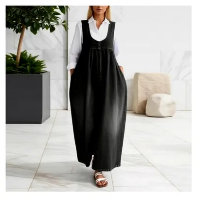 Produktbild von Latzkleid für Damen mit V-Ausschnitt, ärmellos, Vintage Denim, Sommer, lockere A-Linie, Jeansrock, Midikleid, Freizeitkleid, figurbetont, Partykleid