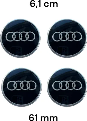 Four Audi wheel center caps are displayed on a white background, with dimensions indicated above and below.