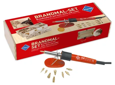 Brandmalerei-Set, 6 Spitzen + 3 Stempel, Holzkiste