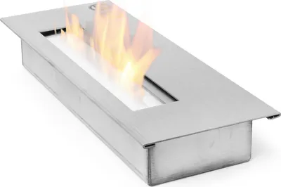 A stainless steel ethanol burner with flames.