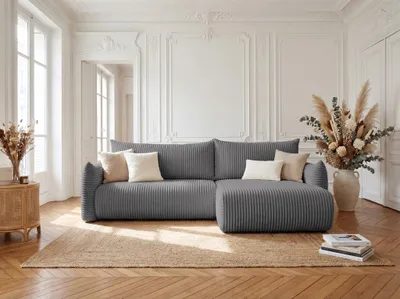 Produktbild von Ecksofa Schlafsofa MAILAND in Stoff Tilia Dunkelgrau Ottomane Rechts