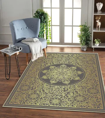 Produktbild von Jungengel Teppich Mandala Dantel Design Flach Grau / Gold 11x Größen Waschmaschinengeeignet 30°C | 80x200 cm