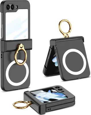 Immagine prodotto di Custodia rigida per Samsung Galaxy Z Flip 5, compatibile con MagSafe, con protezione della cerniera e supporto ad anello nero