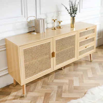 Produktbild von Invicta Interior Sideboard VIENNA, Wiener Geflecht Rattan, Natur Gold, 75 x 154 x 40 cm, goldene Metallgriffe, kegelförmige Beine aus Gummibaumholz