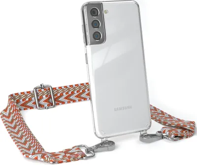 Produktbild von EAZY CASE Handykette - Verstellbarer Trageriemen kompatibel mit Samsung Galaxy S21 5G, Handykordel mit transparenter Silikon-Hülle, Band in Orange