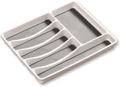 Produktbild von KESPER 30092 Besteckkasten 40,5 x 30,5 x 4,5 cm mit 6-fach Einteilung, PP-Kunststoff, weiß/grau / Besteckeinsatz