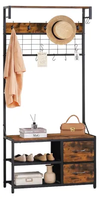 Produktbild von Relaxdays Garderobenständer mit Sitzbank, Schuhablage & 2 Schubladen, Metall & Holzoptik, HxBxT: 176x80x30 cm, braun