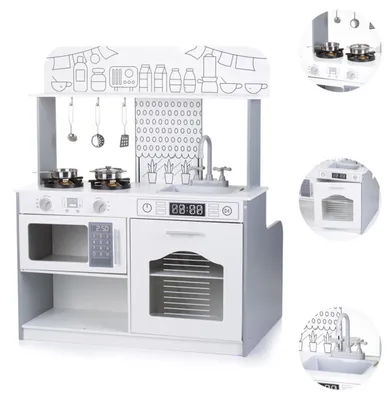 Produktbild von Chipolino Kinderküche 2 in 1 Tisch, Hocker, Küchenutensilien, Töpfe, Mikrowelle weiß