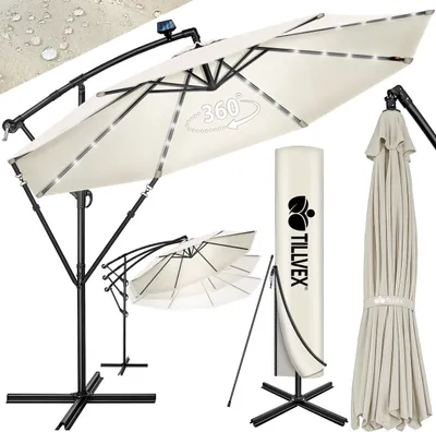 Produktbild von tillvex Alu Ampelschirm Beige LED Solar Ø 300 cm mit Kurbel | Sonnenschirm mit An-/Ausschalter | Gartenschirm UV-Schutz Aluminium | Kurbelschirm mit Ständer Marktschirm wasserdicht