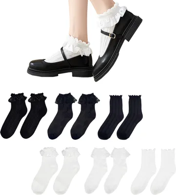 Produktbild von Lolita Socken | 6 Paar | Rüschensocken | Schwarz & Weiß | 35-40