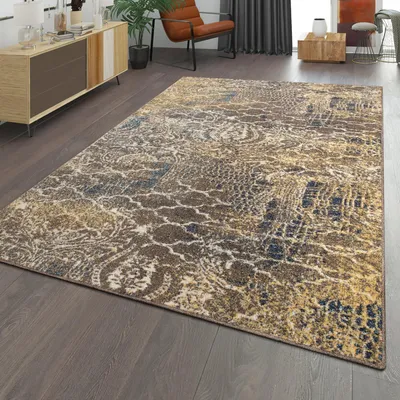 Produktbild von TT Home WohnzimmerTeppich Vintage Look Kurzflor Mit Abstraktem Design Modern Braun Blau Größe 80x150 cm