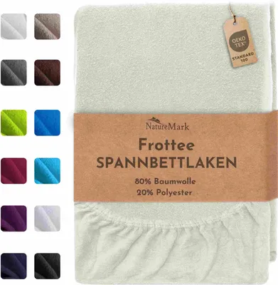 A folded cream-colored fitted sheet with a product information band and a color swatch selection on the left.