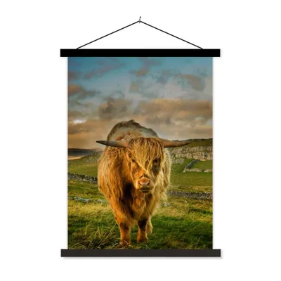 Produktbild von MuchoWow® Textilposter Schottischer Highlander - Gras - Berg 40x53 cm mit schwarzem Rahmen - Abbildung