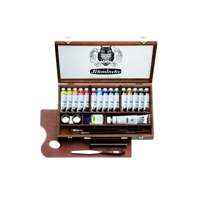 Produktbild von Schmincke Norma Malkasten Holzkasten 15 xTb35 ml + 120 ml Weiss Öl 71 115 097