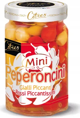 A jar of mini pickled peppers.