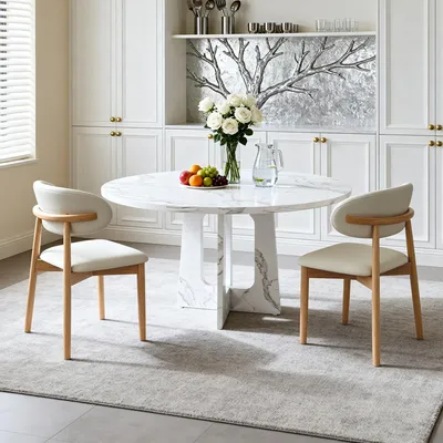 Produktbild von okwish Rundes Esszimmer-Set mit Tisch und 2 Stühlen, Küchentisch Marmoroptik-Tischplatte, Stühle mit Eichenholzbeinen,Weiß