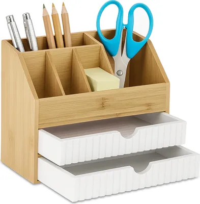 Immagine prodotto di Organizer da scrivania Relaxdays, cassetti e scomparti, A x L x P 19 x 24 x 14 cm, bambù e MDF, contenitori da ufficio, naturale/bianco
