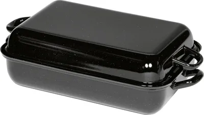 A black roasting pan with a lid, shown from a diagonal angle.