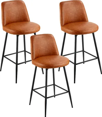 Three brown bar stools with black metal legs are arranged on a white background.