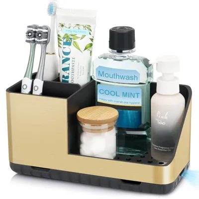 Image de Porte-brosses à dents avec égouttoir, amovible, finition or brossé